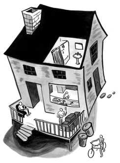 Illustration of a home with cutaways revealing the upstairs bathroom and inside kitchen area. Outside, a person is grilling, while another sits on the porch. Someone else is walking their bike to the house.