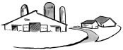 Illustration showing the entry to a barn, with silos and farm house in the distance.