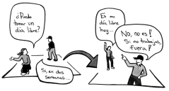 Spanish-language comic. Shows a farmworker asking for a day off, and being told by the owner that she can take one in two days. In the second comic, she announces that it's her day off, and the farmer threatens to fire her if she takes it.