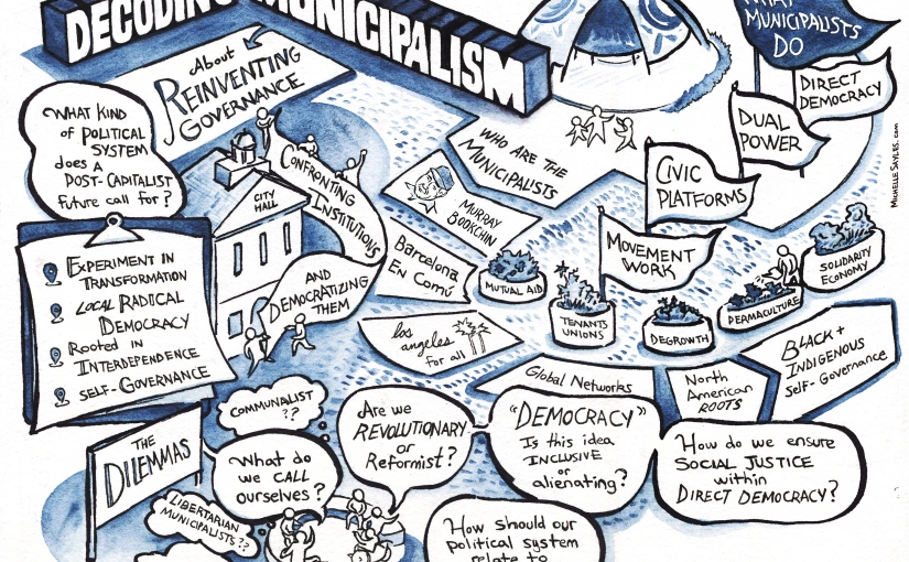 Sketchnote for the Decoding Municipalism session in the Municipalism Learning Series. Shows an aerial view of a community with a city hall, community gardens and an outdoor gathering place. Reads: “Municipalism is about reinventing governance, confronting institutions and democratizing them. It is an experiment in transformation, local radical democracy, and self-governance, rooted in interdependence. Who are the Municipalists: SNCC People’s Assemblies; Barcelona en Comu; Los Angeles for All; Global Networks; and North American roots in Black and Indigenous self-governance. What municipalists do: Direct democracy, dual power, civic platforms, and movement work (includes supporting mutual aid, tenants unions, degrowth, permaculture, and solidarity economy projects). Dilemmas: What kind of political system does a post-capitalist future call for? What do we call ourselves? Are we revolutionary or reformist? How should our political system relate to the economy? Democracy: Is this idea inclusive or alientating? How do we ensure social justice within direct democracy?