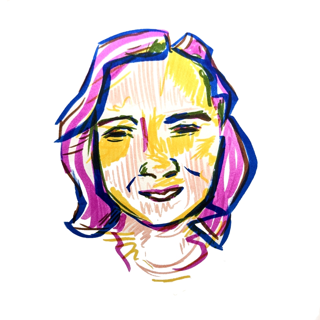 Illustrated portrait of a white woman with wavy shoulder-length hair, drawn in pinks, blues and yellow.