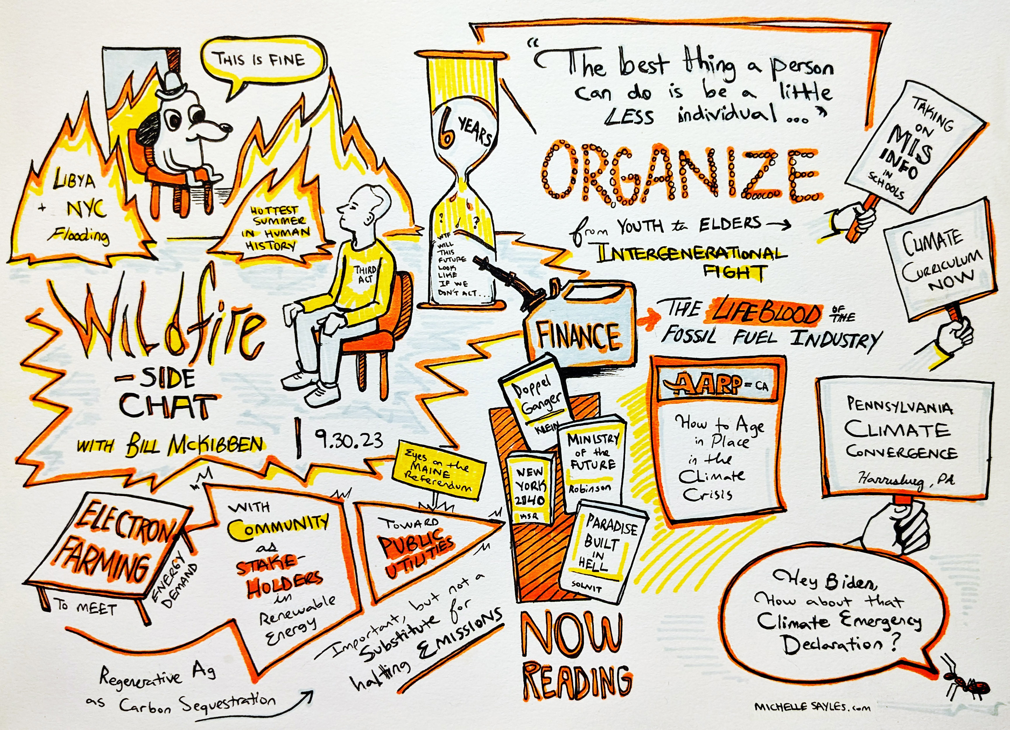 Sketchnotes from the PA Climate Convergence event: A Wildfire-Side Chat with Bill McKibben. Shows a meme of a dog sitting on a chair in a room on fire, saying "This is fine". The fires are labeled: "Libya and NYC Flooding" and "The hottest summer in human history." Bill McKibben looks on wearing a Third Act shirt. Quote: "The best thing a person can do is be a little less individual..." Organize: from youth to elders, intergenerational fight. Finance is the lifeblood of the fossil fuel industry. Electron farming through solar to meet energy demand. With community as stakeholders in renewable energy. Moving toward public utilities (eyes on the Maine referendum). Regenerative ag as carbon sequestration - important, but not a substitute for halting emissions. Now reading: Doppelganger by Naomi Klein, Ministry of the Future and New York 2140 by Robinson, and Paradise Built in Hell by Solnit. Hey Biden, how about that Climate Emergency Declaration?